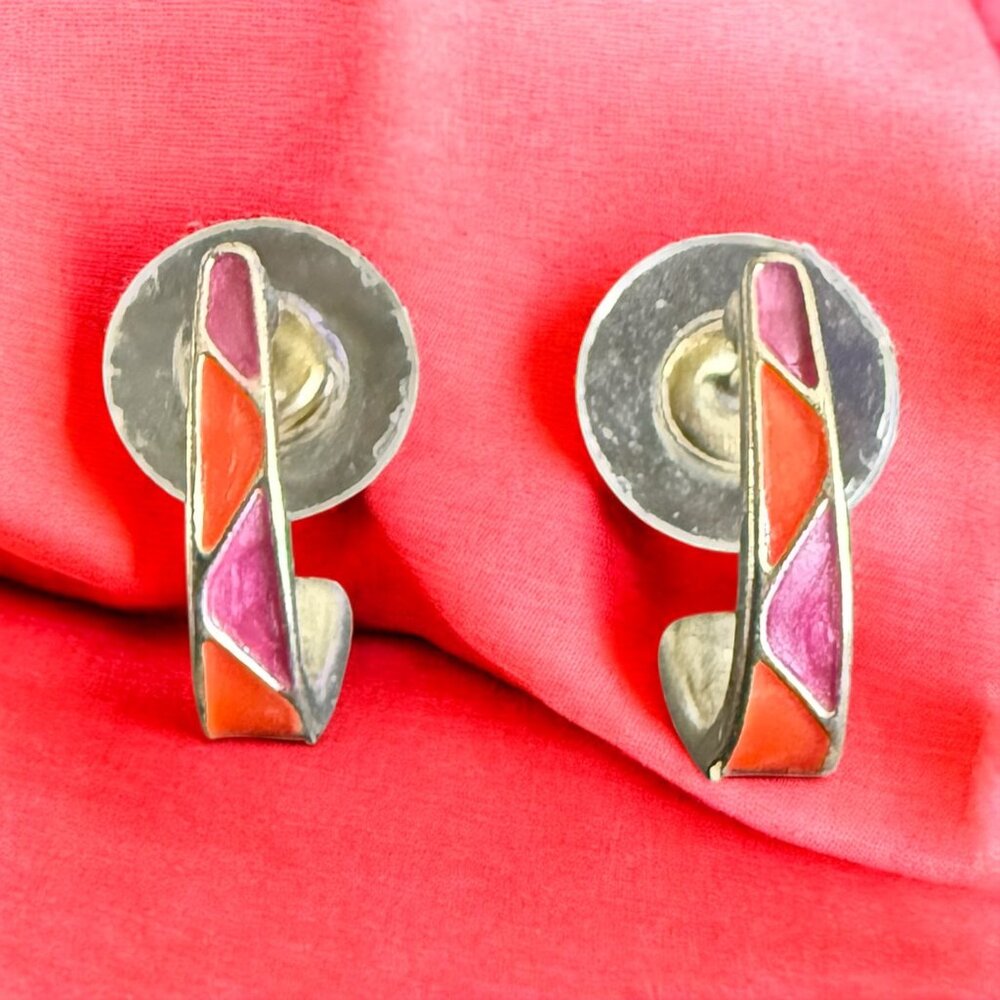 Women's half hoop orange and purple post disc back fashion jewelry earrings